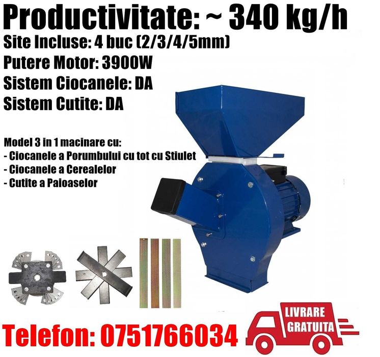 Moara Electrica Macinat Uruitor Uruiala Furaje Lucerna Paioase Cereale 3.9kw Model 3 in 1 Ciocanele + Cutite + 4 Site + LIVRARE GRATUITA MH
