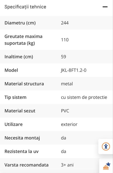Trambulina copii JKL-8FT1.2-0, structura metal, cu sistem de protectie, D 244 cm