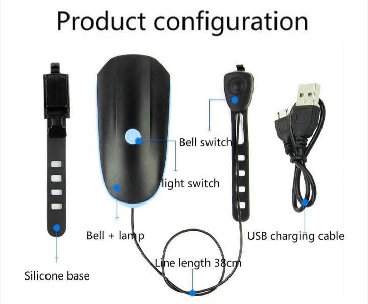 Far lanterna LED 250 lm 2 în 1 sonerie Usb120 db ghidon bicicleta trotineta cursiera mtb 1200 mAh