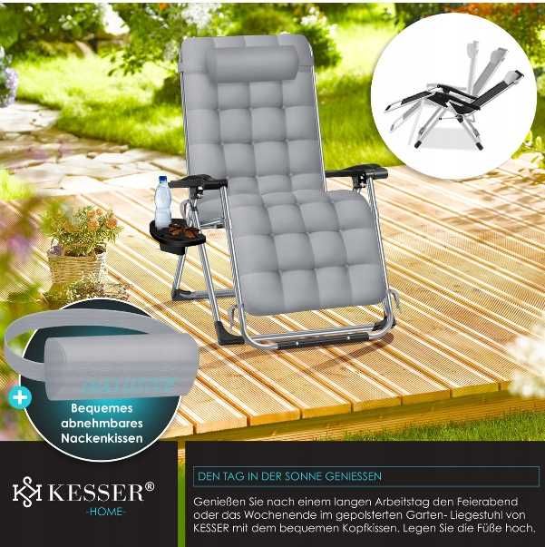 Сгъваем шезлонг с възглавница и поставка за напитки, алуминиев сив