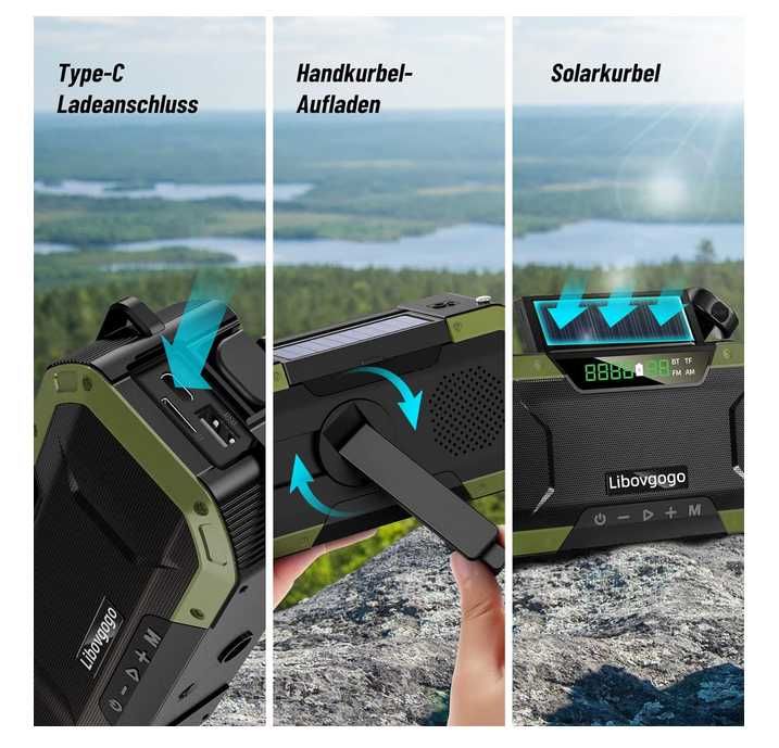 NOU Radio Portabil cu Lanterna, Solar, USB, IPX6, 4000mAh