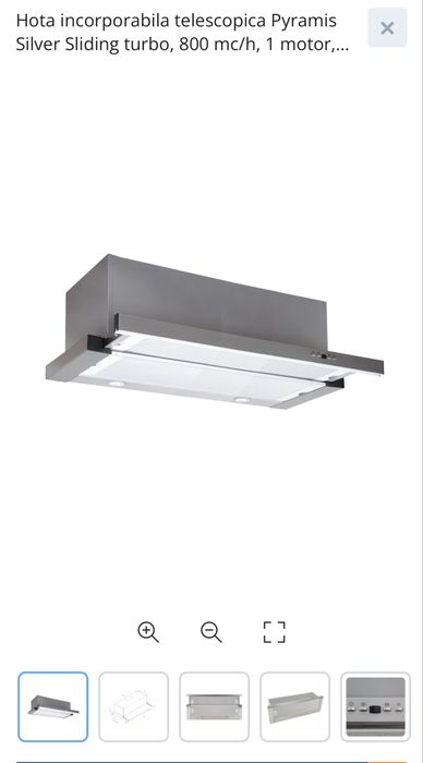 Hota incorporabila telescopica Pyramis Silver Sliding turbo, 800 mc/h, 1 motor, 270 W, latime 90 cm, gri