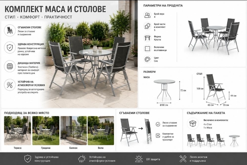 Комплект Маса и 4 бр Столове Алуминий Чисто нови
