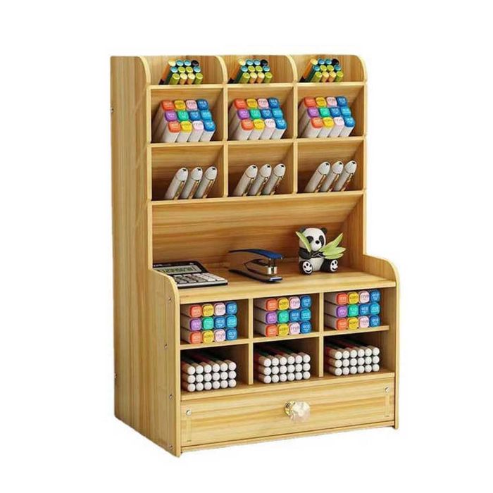 Дървен органайзер за бюро с чекмедже и многосекционно съхранение