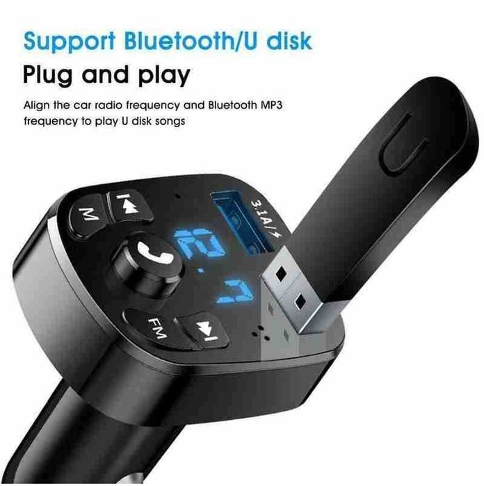 Bluetooth 5.0 зарядно, FM трансмитер, MP3 плейър, хендсфри 3.1A 12-24V