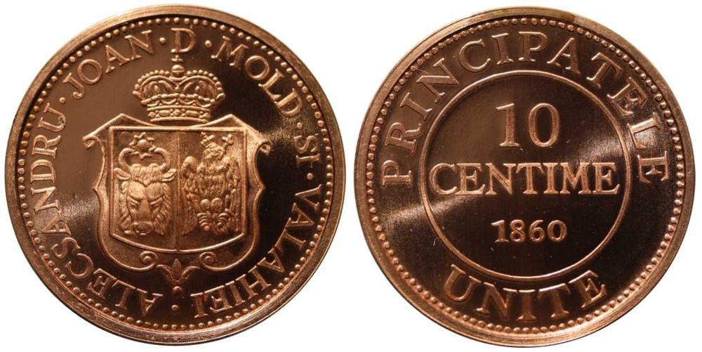 Moneda 10 centime Al. i. Cuza, replica BNR gradata NGC PF 68