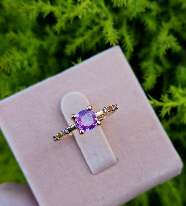 Inel din aur de 14K cu safir roz natural și diamante naturale