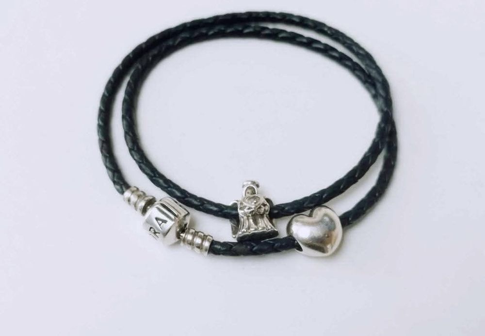 Bratara dubla Pandora originala, doua charmuri de argint 925 ALE, inima si inger