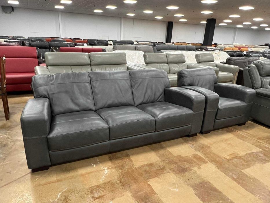 ПРОМОЦИЯ!!! Сив кожен диван тройка и фотьойл - естествена кожа
