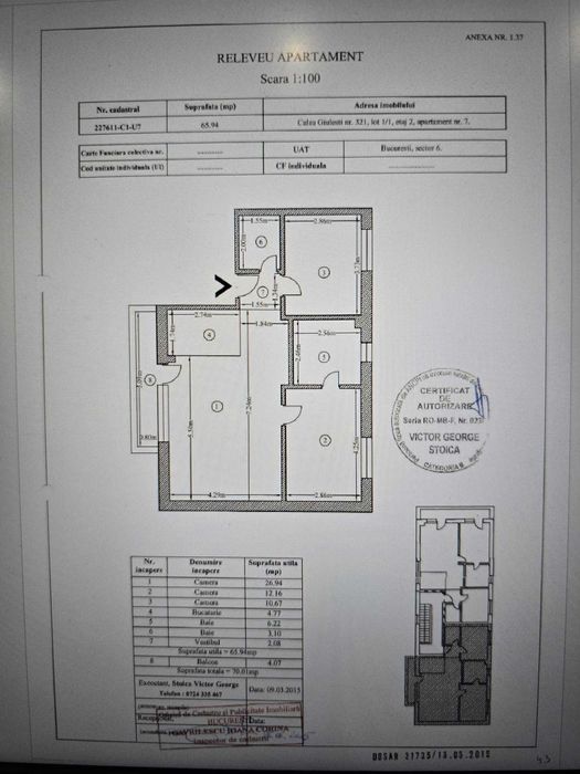 Apartament 3 cam decomandat 66 mp utili plus balcon 4 mp, etaj 2 din 3, bloc boutique 2014, Calea Giulești (zona de case, înainte de Pasteur).