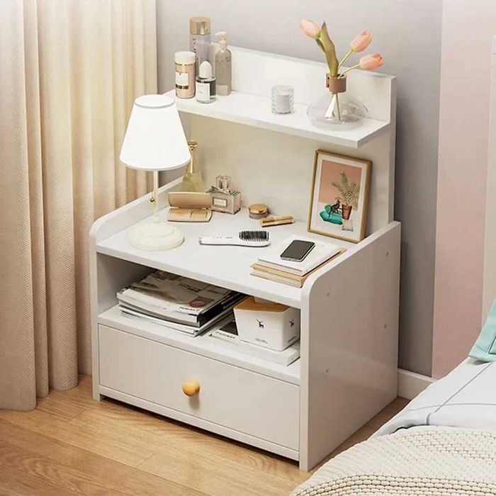 Noptiera moderna cu sertar si 3 polite, 33x26x60cm, alba