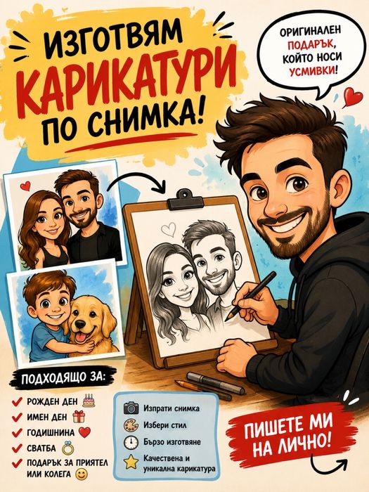 Изготвям карикатури и дигитални снимки.