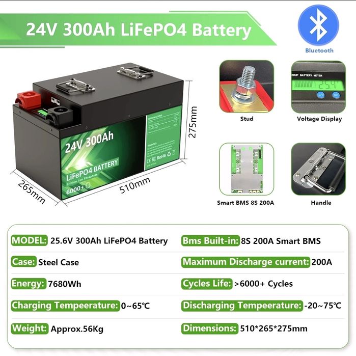 Baterie LiFePo4 24V 300Ah cu bluetooth