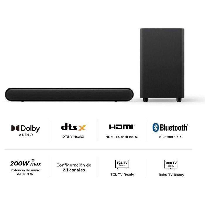 Soundbar TCL S642W 2.1 200W Bluetooth 5.3 DTS Virtual X Dolby Subwoofer Wireless HDMI ARC