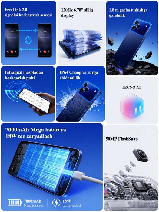 TECNO SPARK 50, 4/128GB, 120Hz, 50MP, 6700 mAh, Uzimedan o'tgan