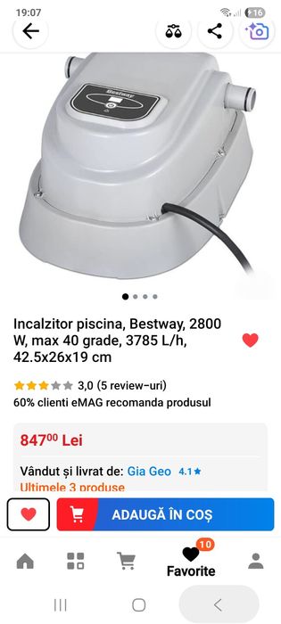 Incălzitor piscină, Bestway, 2800 W, max 40 grade, 3785 L/h, 42,5x26x1
