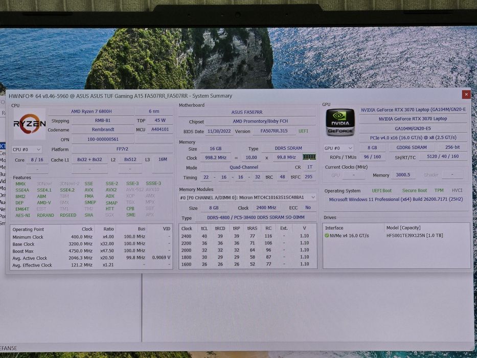 Asus TUF RTX 3070, Ryzen 7 6800H, 16gb, ssd 1 Tb