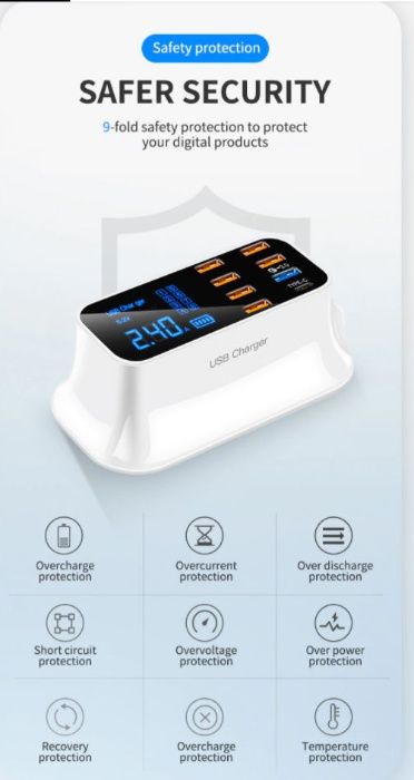 8 - канал.USB зарядка - с индикацией тока и напряжения-QC 3.0 - Type C