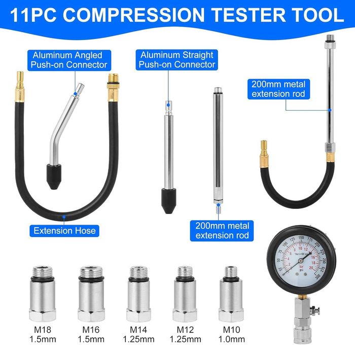 Тестер за компресия бензинови двигатели 0–300 PSI, комплект 11 ч.