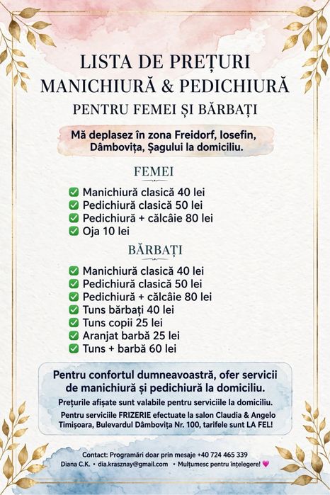 Manichiură • Pedichiură clasica • Frizerie