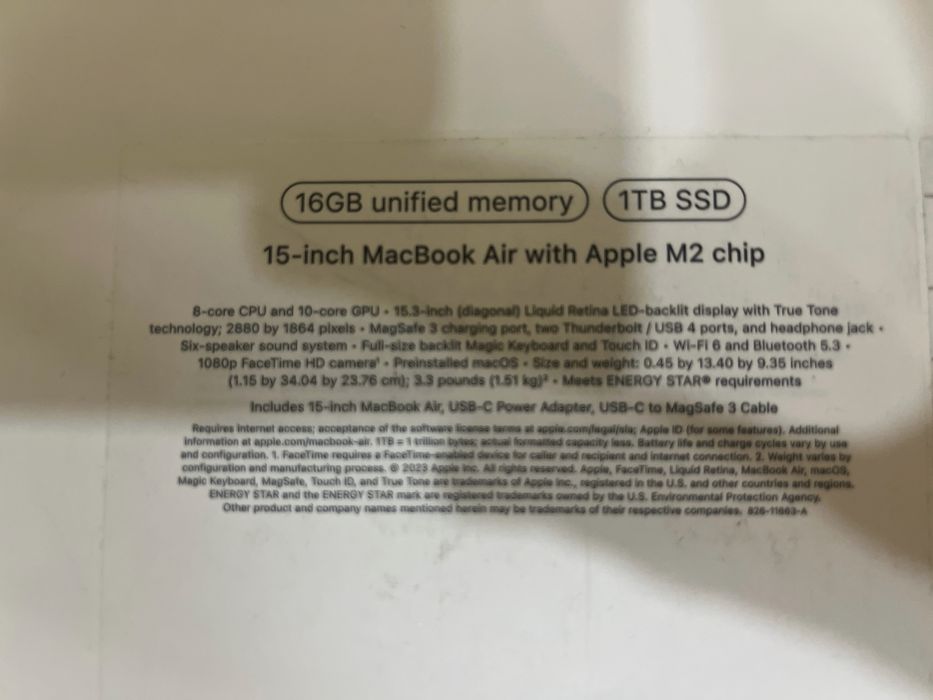 Macbook air M2 15-inch 1tb/16gb