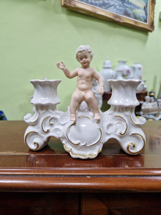 Рядък уникален антикварен порцеланов свещник Schau bach kunst