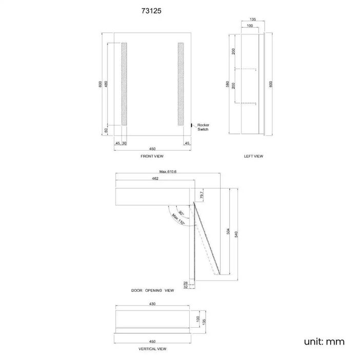 Dulap cu oglindă pentru baie , cu iluminare LED și alimentare pe baterii, 600x450 mm Cod produs: 73125, Nou