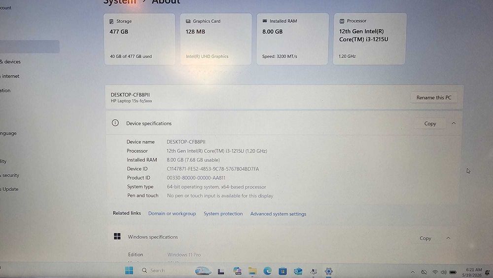 HP 15s-fq5038nq cu windows instalat