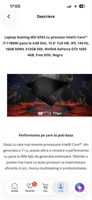 Laptop MSI GF63 generatia 11
