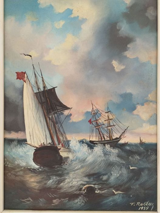 Tablou Superb "Scena Marina" Pictat Și Semnat Pe Panza