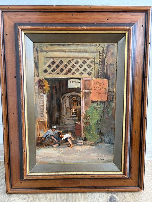 Стара маслена картина „Италианска остерия“ – авторска, в стилна рамка