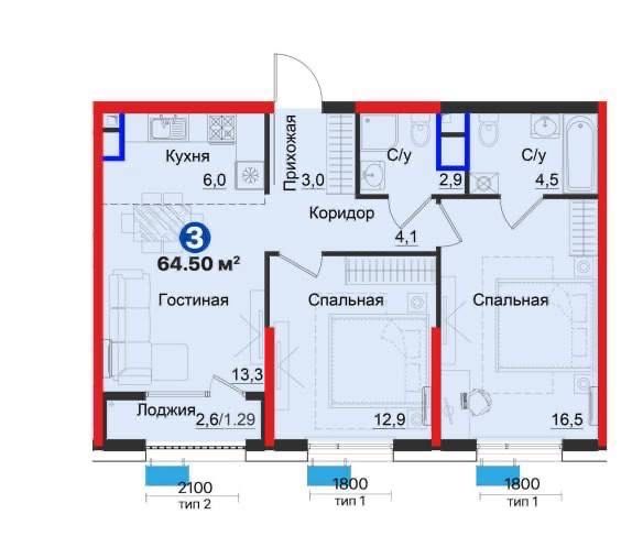 Квартира ЖК NRG Zamon 2/4/9 65м2