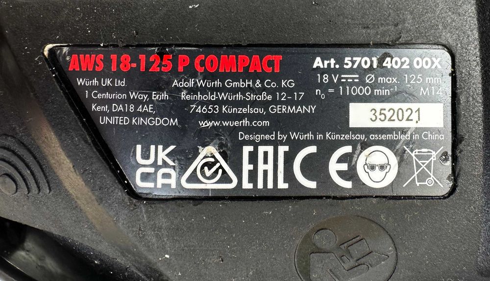 Wurth AWS 18-125 P Compact - Безчетков акумулаторен ъглошлайф 18V