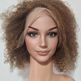 Къса естествена афро перука с обем - кафява с руси кичури | Lace Front 13x4