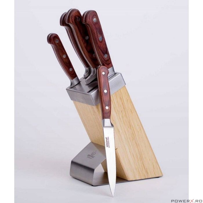 Set cutite Inox, 6 piese, suport patrat din lemn, mâner Pakka maro,