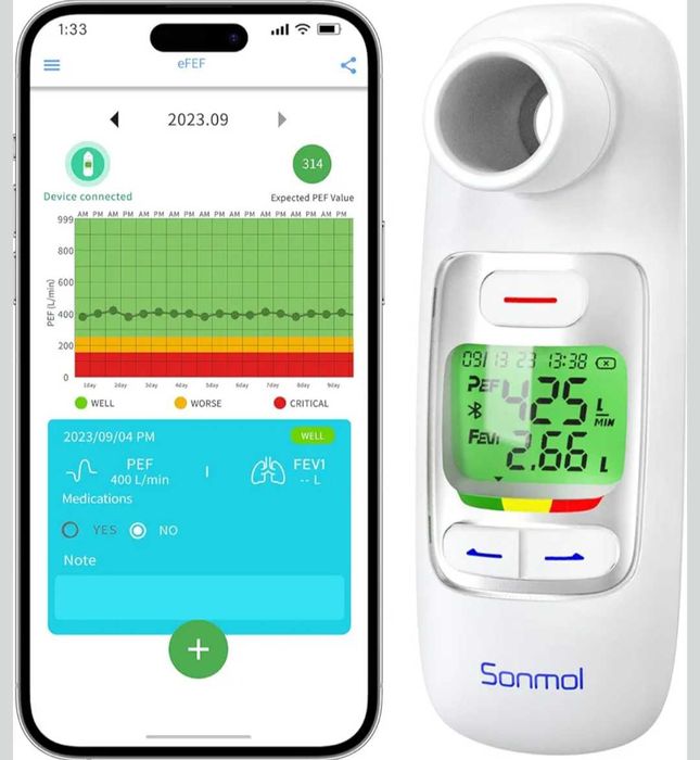 Пиков дебитомер Sonmol,Bluetooth,PEF и FEV1 за деца,възрастни,астма,ХОББ и други белодробни - нов