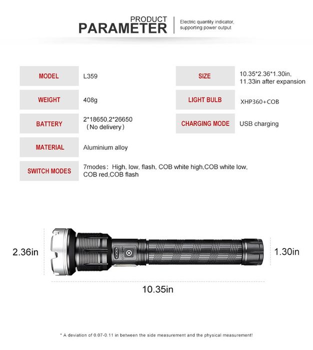 Lanternă led XHP 360, cu 2 acumulatori  26650. Încărcare USB C.  IPX6.