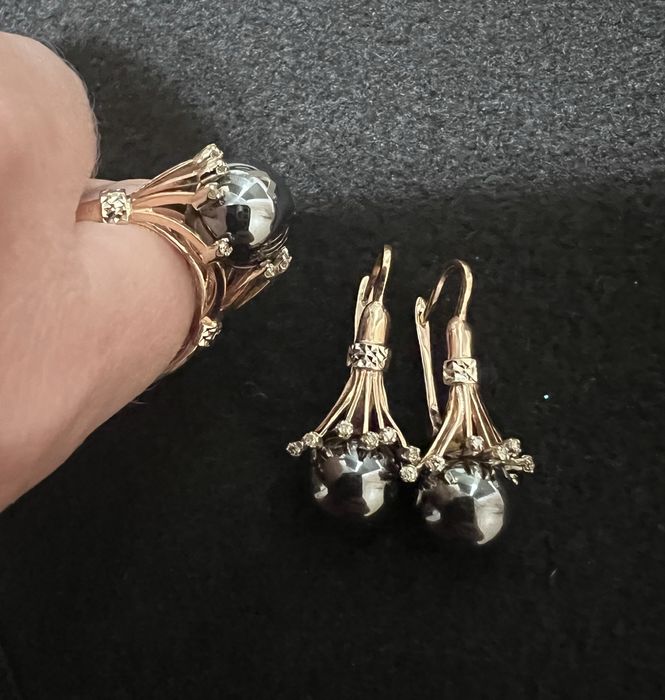 Золото 585* Гематит и бриллианты.Комплект "Чёрный жемчуг"