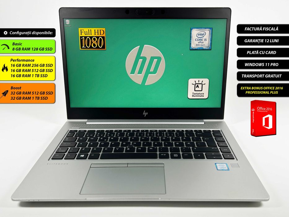 Laptop HP Elitebook Intel i5 16 gb ram 512 gb ssd Ecran 14 inch Full HD Taste Iluminate Design metalic Office 2016 Windows 11 Factura si Garantie 1 an