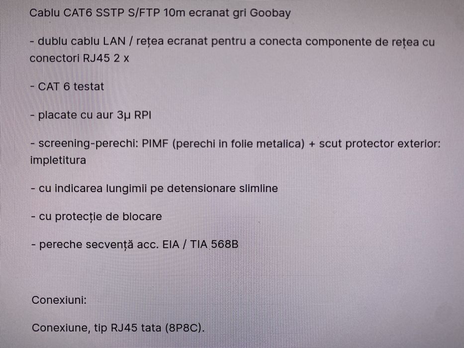 Cablu retea PiMF CAT6 SFTP 10M