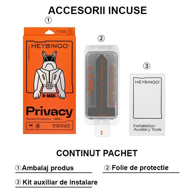 Folie Telefon Privacy Apple iPhone 17 PRO MAX HEYBINGO, cu Kit de Aplicare Instanta si Functie Automata de indepartarea prafului