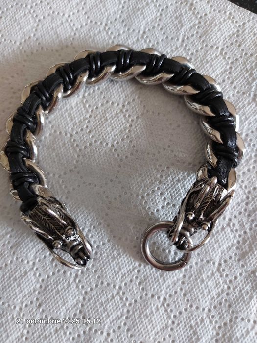 Bratara dama inox si pt barbat inox cu piele si capuri dragon