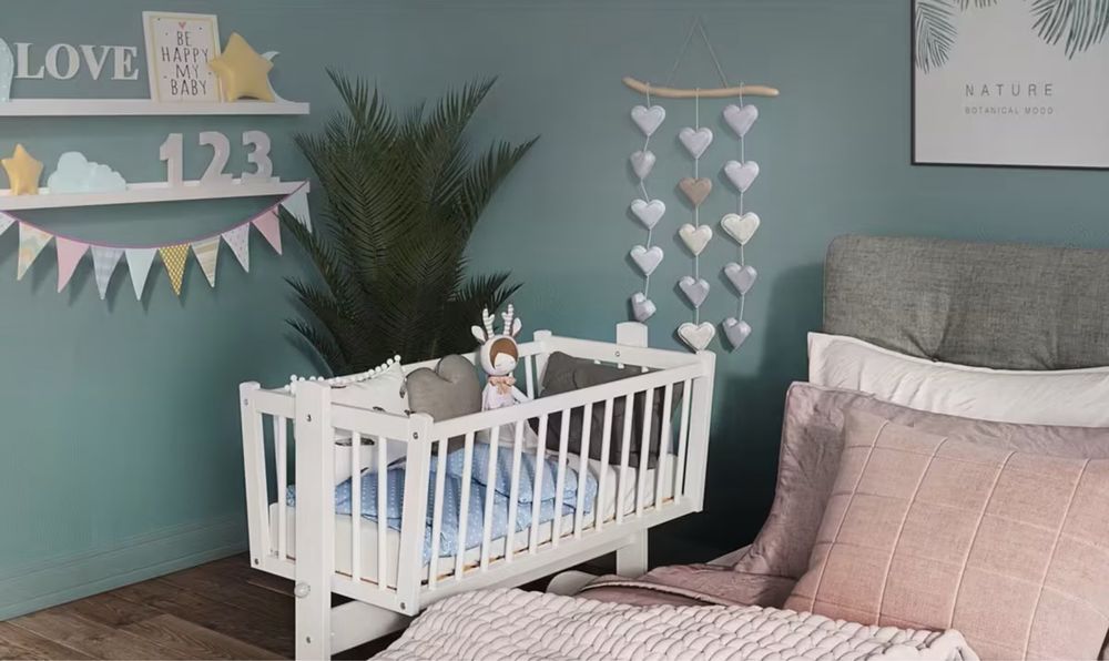 Vând set complet leagan patut bebelus, lemn masiv, cu set lenjerie 6 Piese