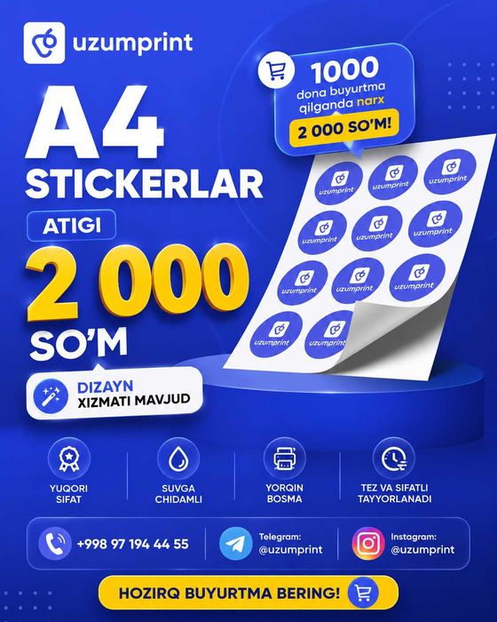 A4 Stickerlar 2000 somdan | A4 стикерлар 2000 сумдан