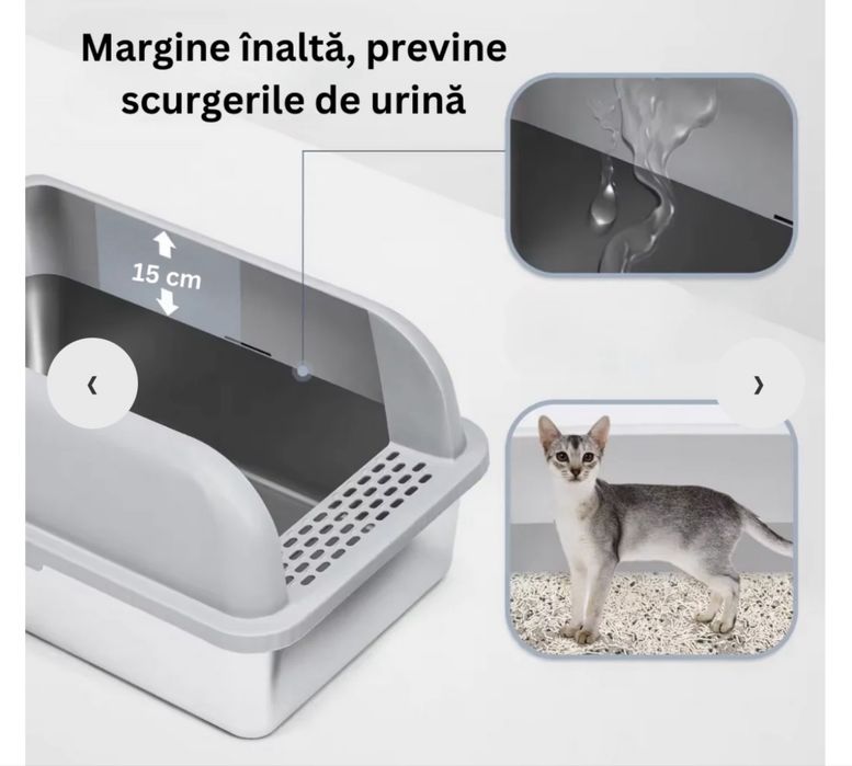Litieră inox Shaw XL, 40×60 cm, cu ramă înaltă și covoraș