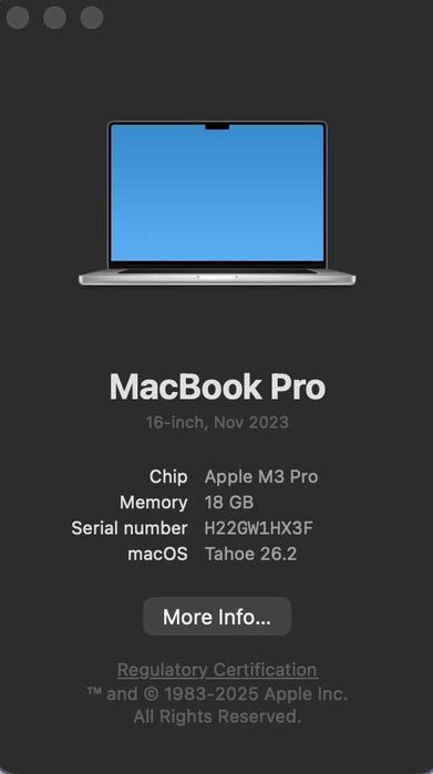 Macbook Pro 16 M3 Pro 18GB/512GB Silver Battery 100% cycle 36