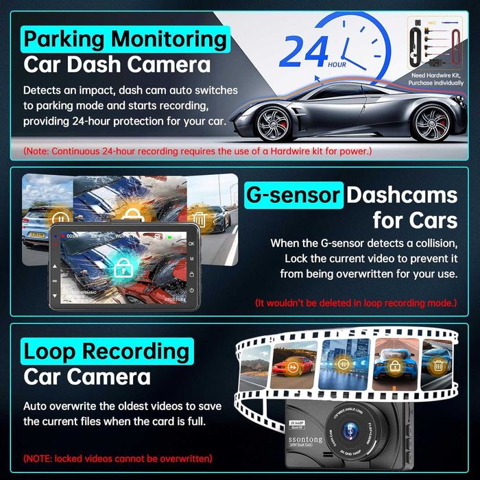 Dash Cam отпред и отзад, 2K, WiFi/БЕЗПЛАТНО ПРИЛОЖЕНИЕ, отпред 170°