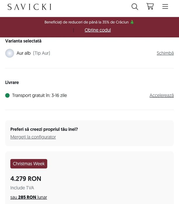 Inel Savicki – aur alb 585, diamant certificat, cutie