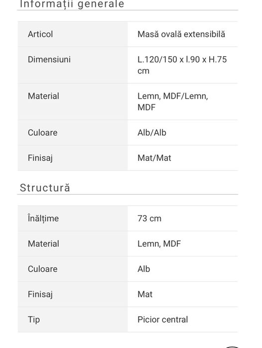 Masă bucatarie alba (fara scaune)