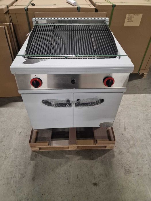 Gratar,Grill gaz cu roca vulcanica si placa striata si suport inchis